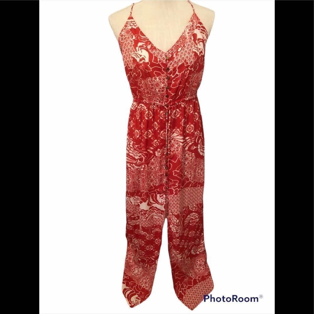 Fate Maxi Dress Red & Cream V Neck Sundress Front Slit Spaghetti Straps M👍